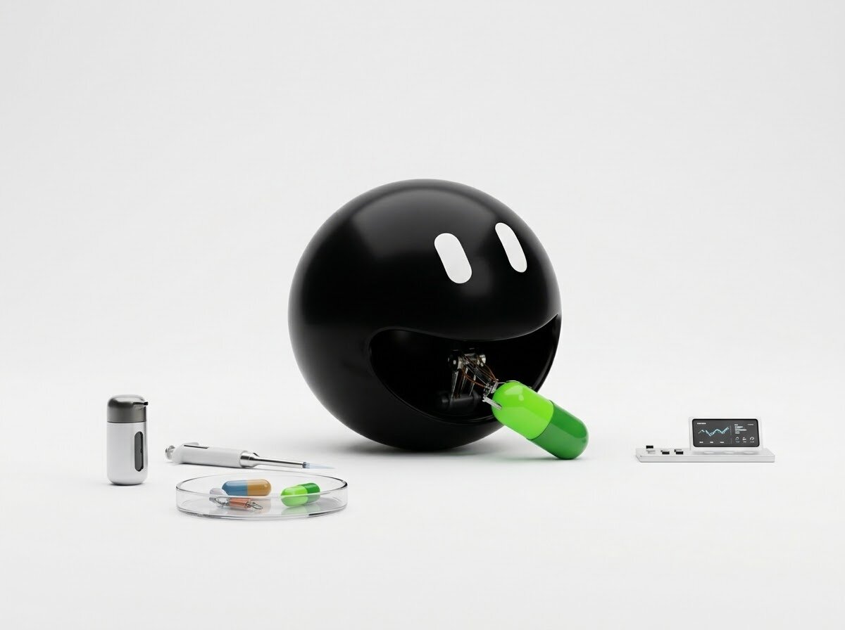 A round black robot biting a green ReachPill capsule, next to a petri dish of pills and a small analytics screen