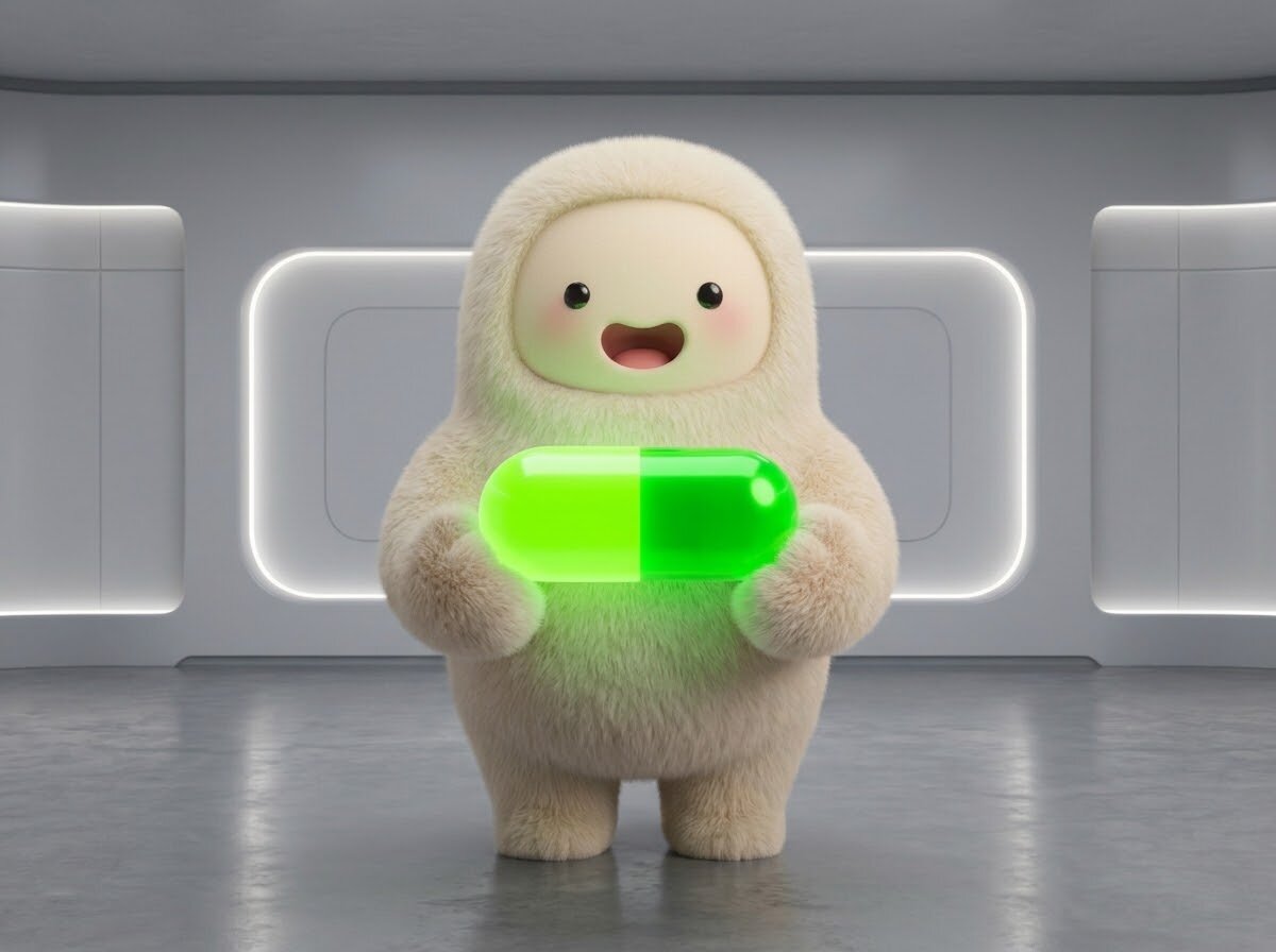 ReachPill's mascot holding a glowing green pill